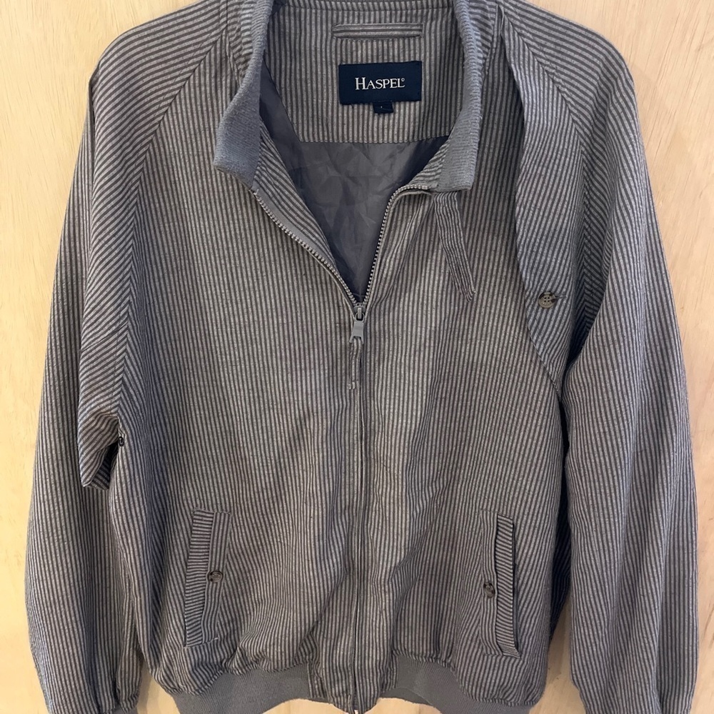 Haspel Men's Zipper Jacket coat size large grey stripe bomber